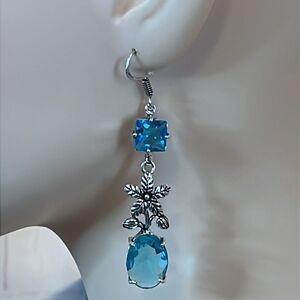NWT NATURAL SWISS BLUE TOPAZ FLORAL DANGLE EARRINGS 925 STERLING SILVER 2.1”